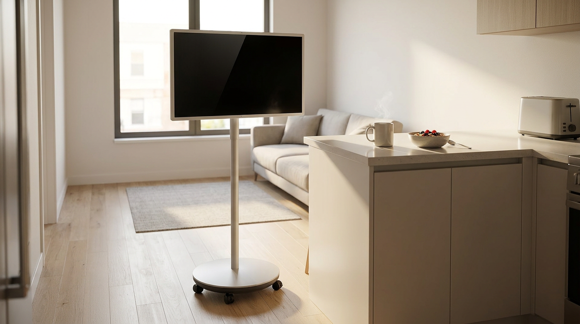 A rolling smart display in a small apartment kitchen-living space, showing how it moves between tasks