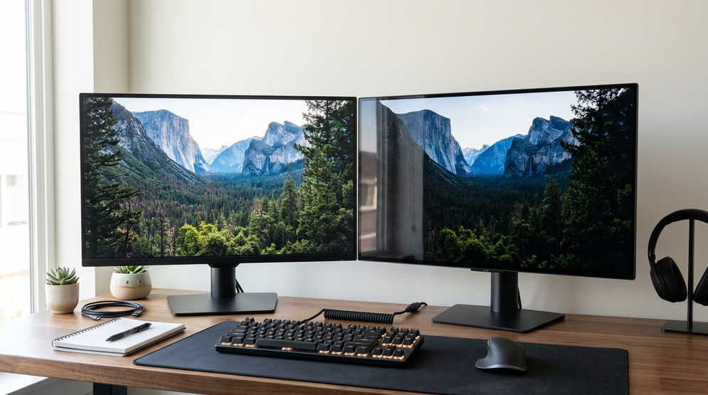 Neutral editorial comparison of a bright home-office desk with Mini-LED and OLED monitors side by side, showing a practical mixed work and gaming setup.