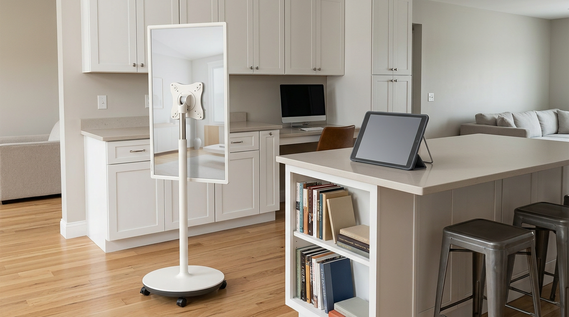 Rolling smart display beside a tablet in a neutral home mobility comparison scene