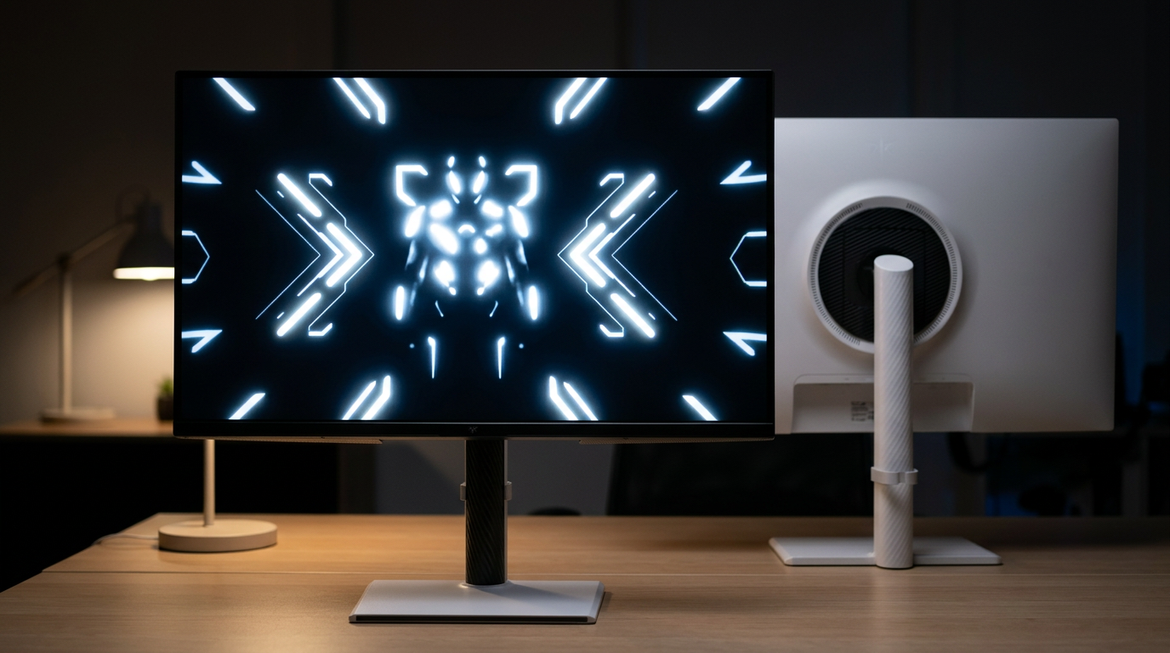 A dark-room monitor scene with bright UI halos showing Mini-LED blooming.
