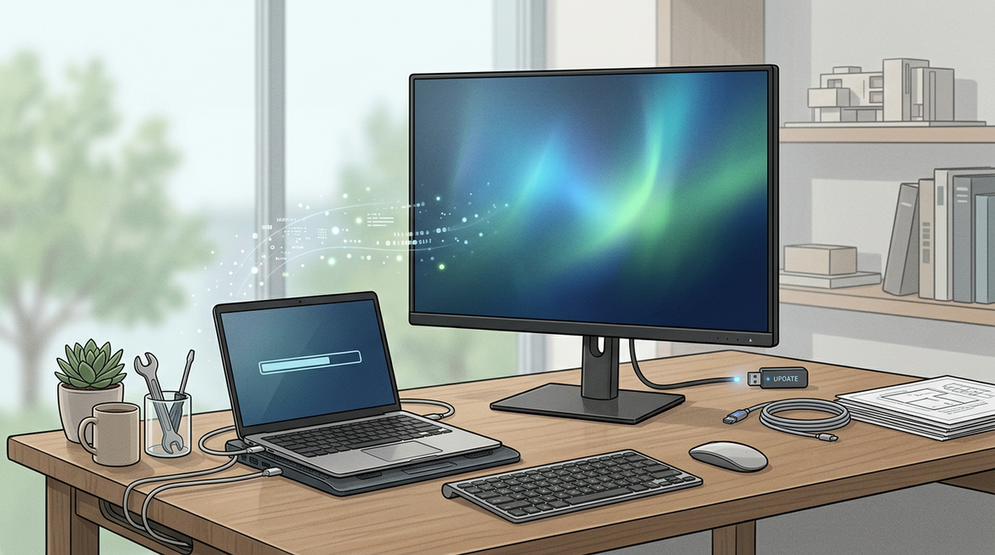 Illustration of a modern desk setup highlighting monitor maintenance and long-term reliability