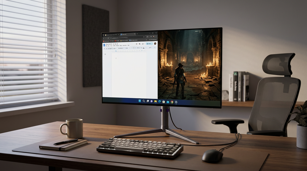 A mixed-use OLED desktop with a taskbar, document windows, and an evening game on one monitor