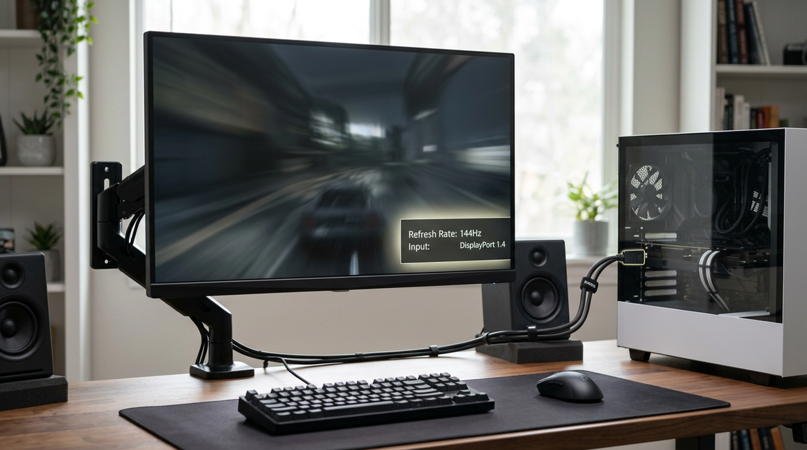 Desktop gaming monitor setup showing a GPU connected to a high-refresh display with a DisplayPort cable.