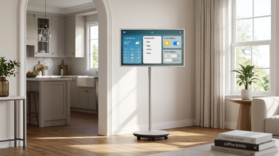 A rolling smart display in a home living space showing battery optimization use cases