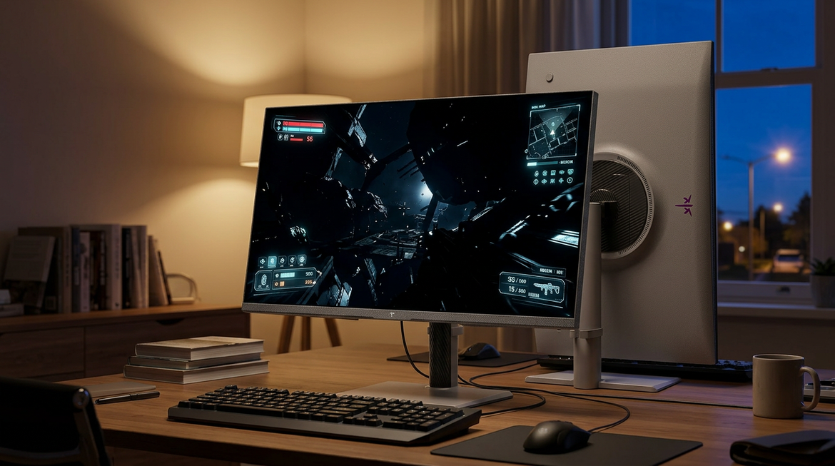 Mini-LED monitor showing bright UI elements against dark HDR content in a real room