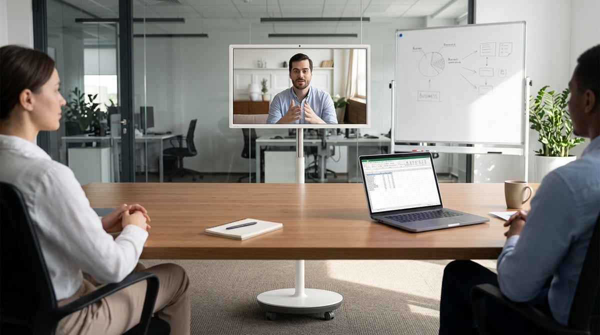 MegPad rolling smart display in a hybrid meeting room with a laptop and remote participant on screen