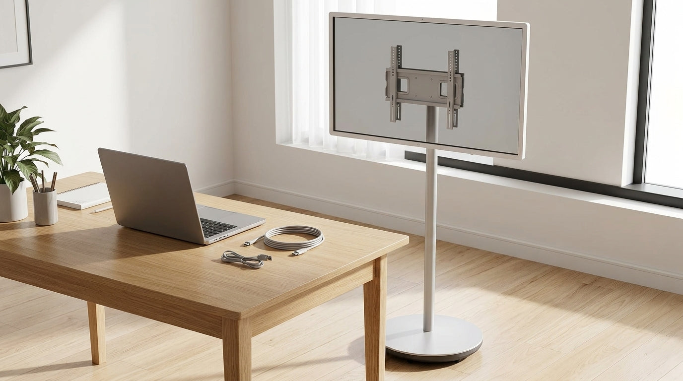 A portable smart touch display on a desk beside a laptop and cables during first-time setup.