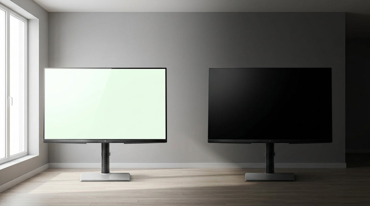 Mini-LED and OLED television screens shown side by side to compare their viewing strengths in different room lighting.