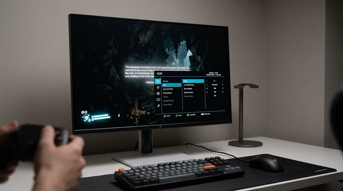Mini-LED monitor troubleshooting scene showing blooming around bright UI on a dark desktop