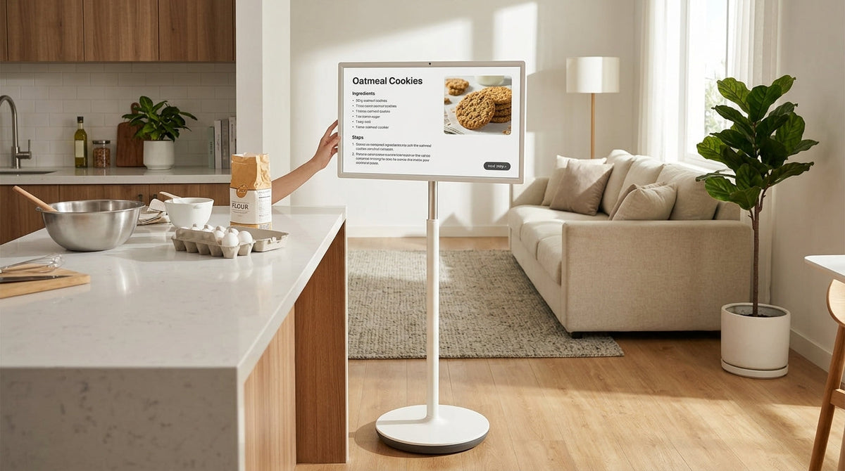 Rolling smart display in a home kitchen and living room setup
