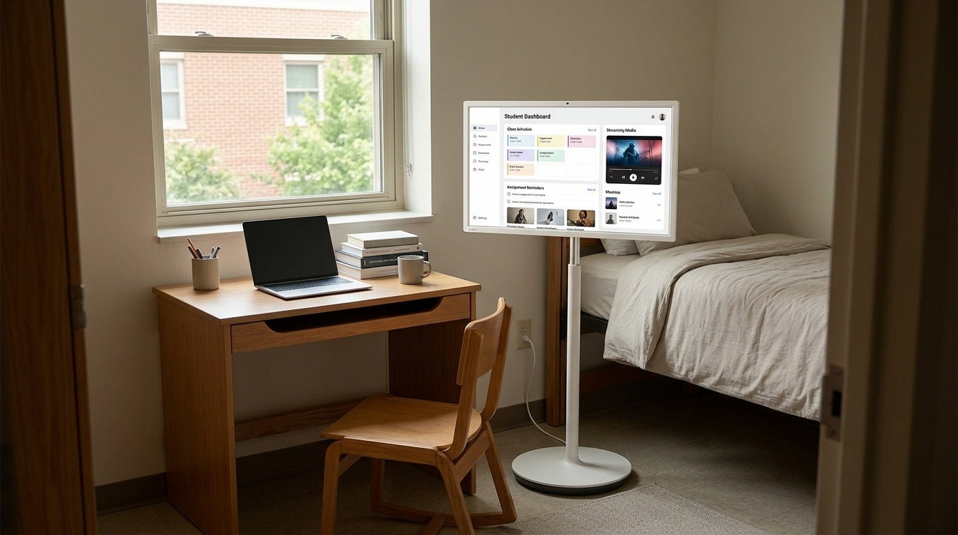 Portable smart display set up in a compact dorm room with a laptop nearby