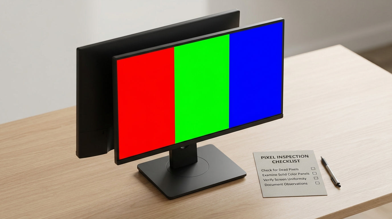 KTC monitor setup with a screen test showing solid colors and a warranty checklist