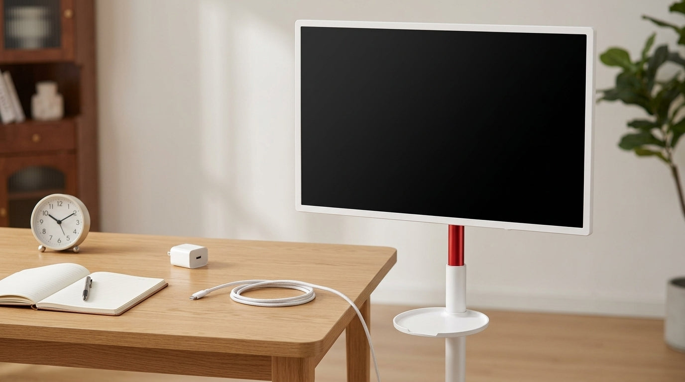 Editorial lifestyle scene of a portable smart display beside a charging cable and notebook in a calm home setting, illustrating battery-life habits.
