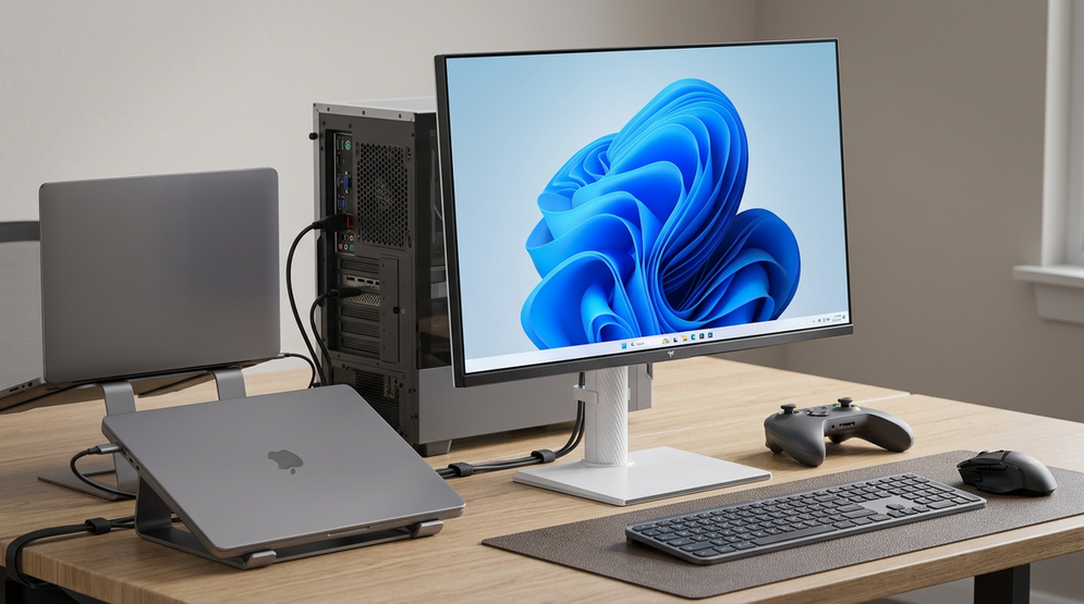 A multi-device desk with a KVM USB-C monitor switching between laptop, desktop, and console.