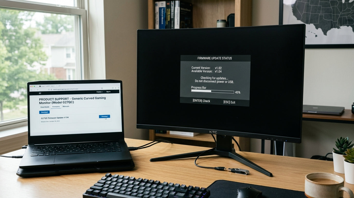 Safe KTC monitor firmware update setup on a clean desk with a monitor OSD screen, laptop, and USB drive.