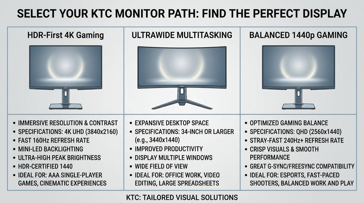Comparison chart of KTC monitor choices by use case and trade-off