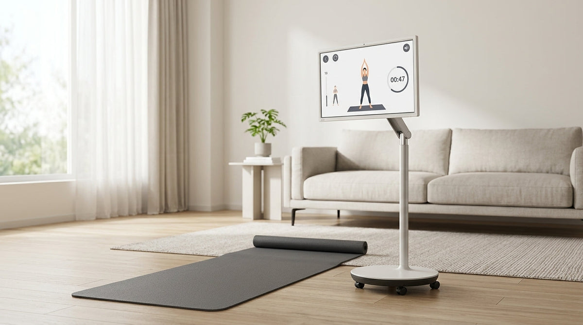 A rolling smart display set beside a yoga mat in a bright living room, showing a home fitness workout setup with comfortable eye-line placement.
