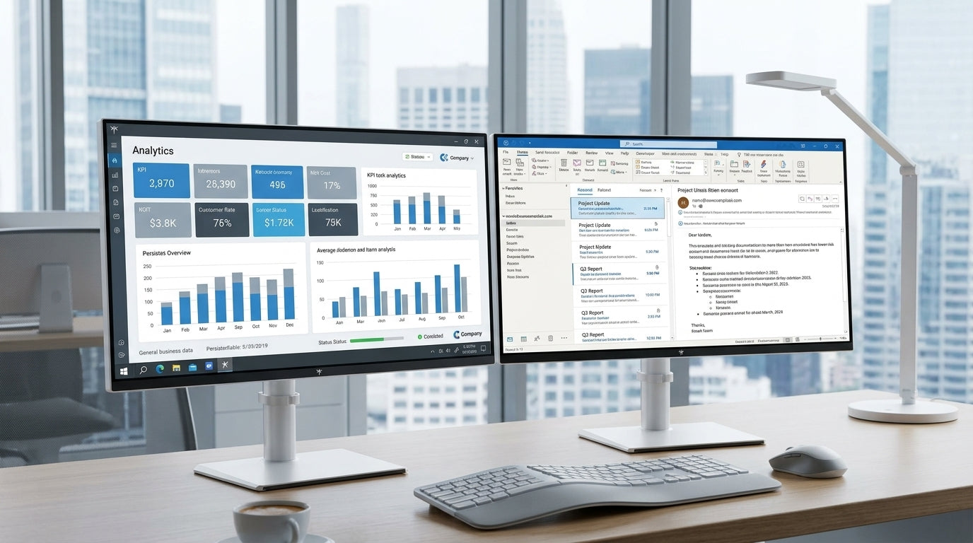 Office monitor setup with static dashboard widgets on one screen and changing work content on another, illustrating OLED burn-in risk and Mini-LED as the safer option.