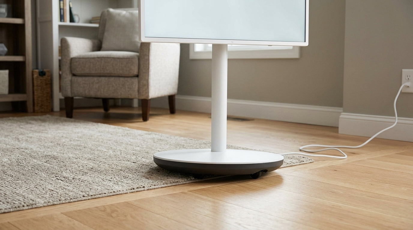 A rolling smart display in a home room with one wheel near a slight floor transition, showing why uneven floors can cause wobble.