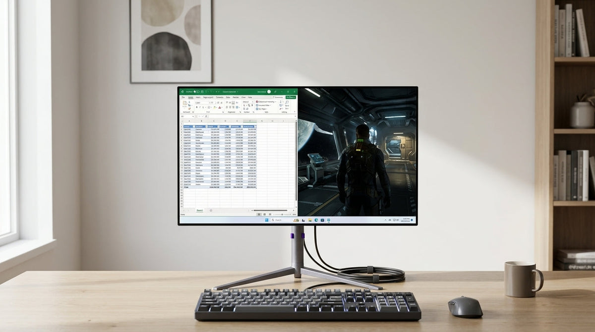 An OLED monitor on a mixed work-and-play desk showing static office UI and a game scene