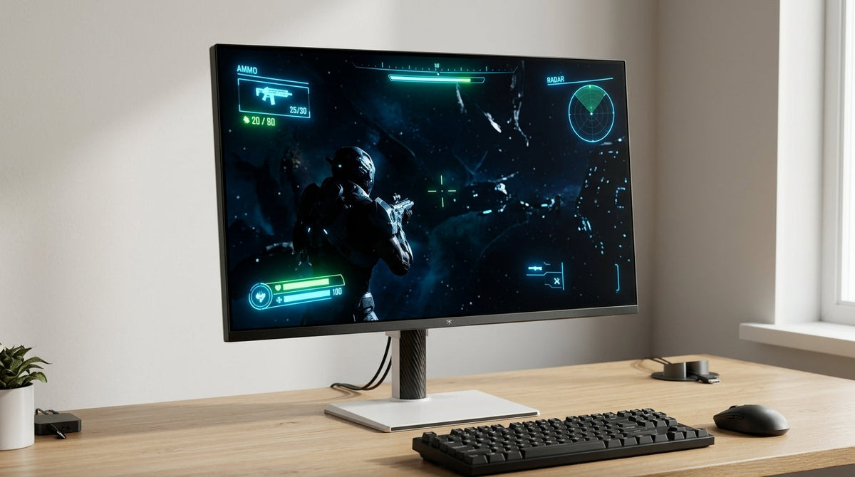 A Mini-LED monitor showing dark game content with reduced haloing around bright UI elements