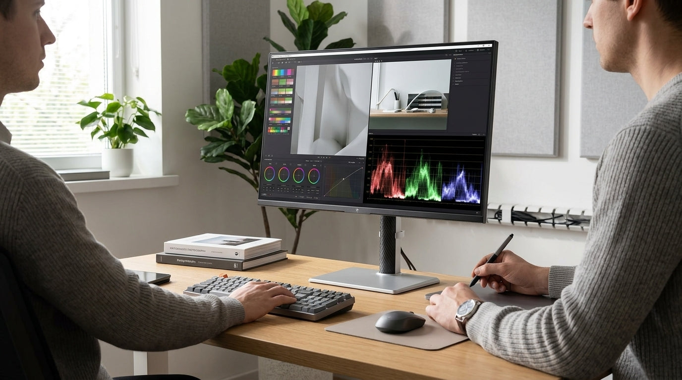 Hybrid creator reviewing color-critical content on a monitor in a calm studio desk setup.