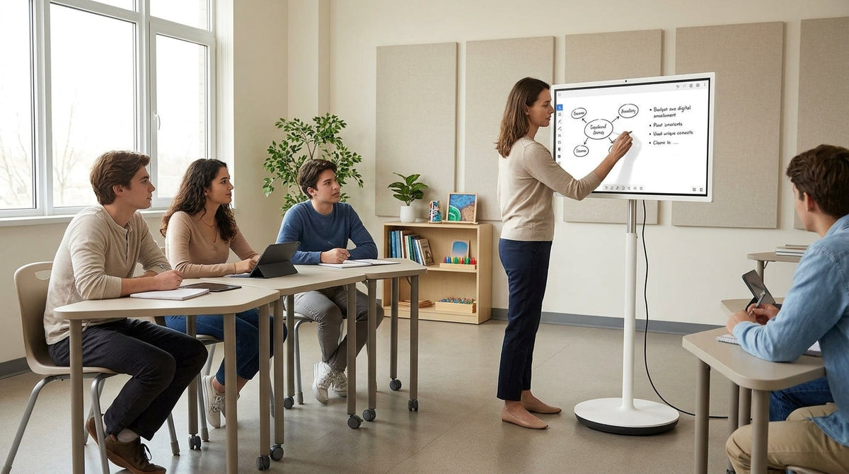 A rolling smart display used in a classroom or meeting room