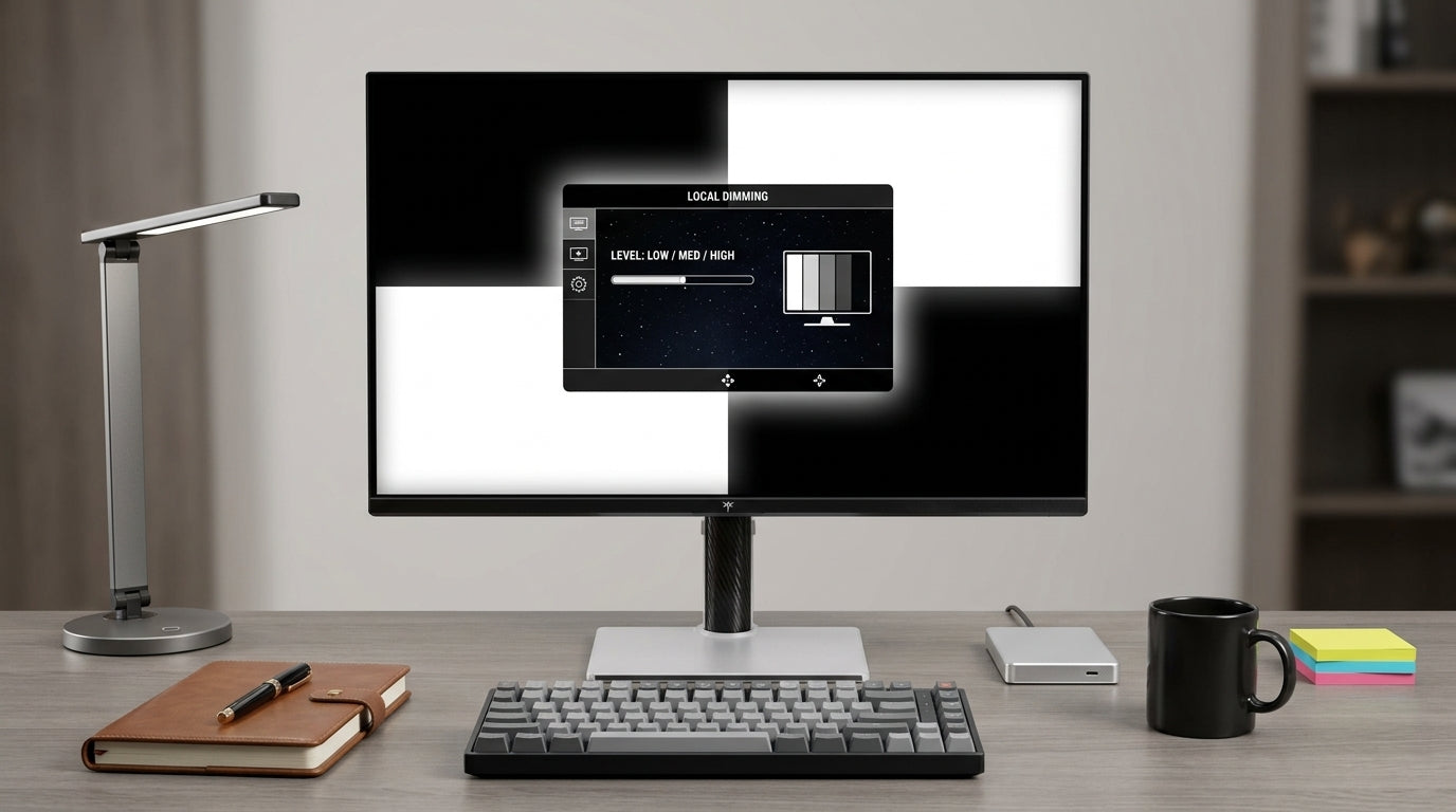 A modern desk setup with a monitor displaying a dimming control interface and a mix of bright and dark desk items, illustrating the challenge of tuning local dimming for mixed workspaces.