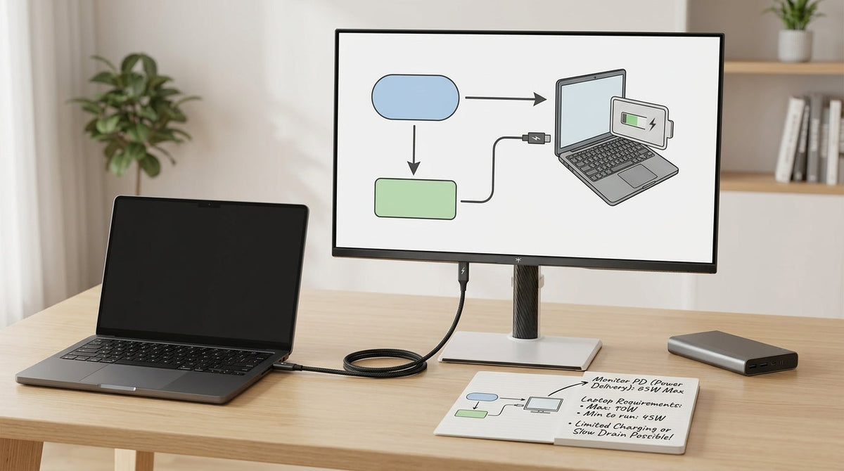 A clean desk scene showing a USB-C monitor connected to a laptop, illustrating power delivery and charging limits in a simple educational setup.