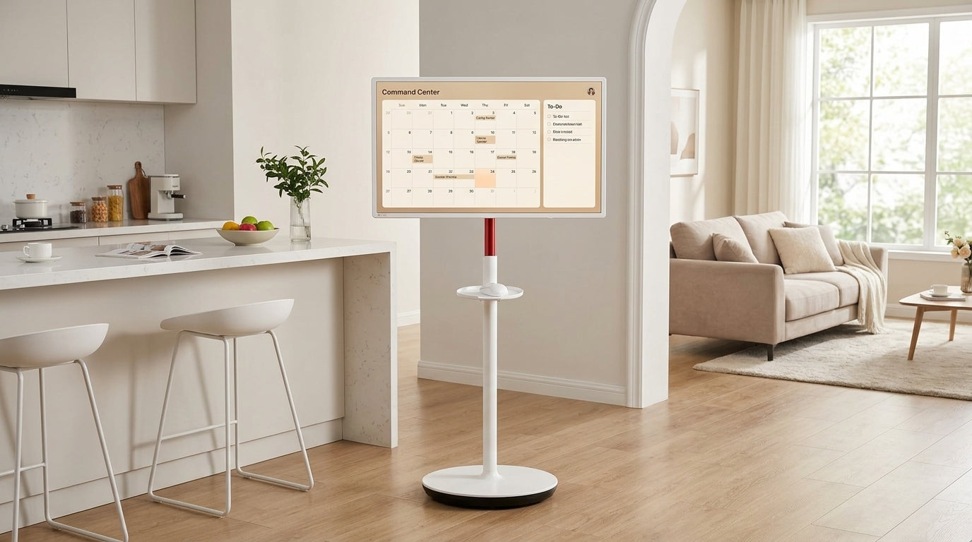 Family rolling a smart display between kitchen and living room for schedules and shared planning