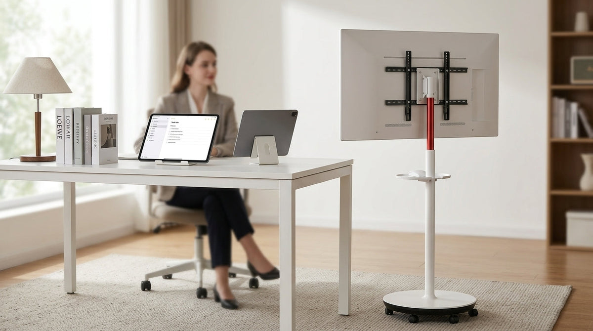 Rolling smart display in a home office beside a tablet, highlighting the size and mobility trade-off for shared work