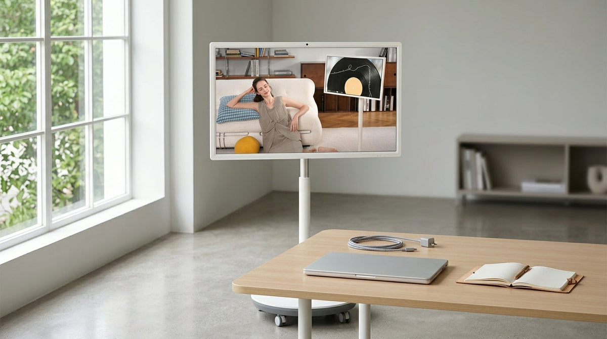 A rolling MegPad smart display positioned in a bright home office, ready to move between rooms.