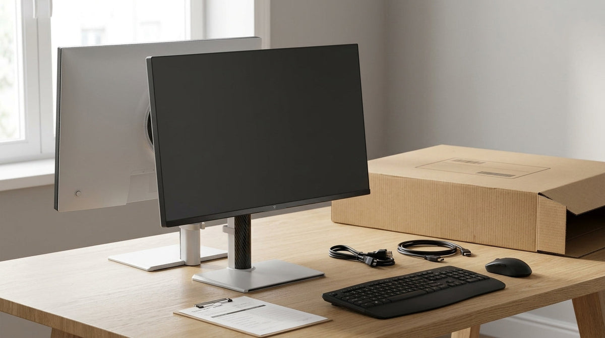 A neutral gaming monitor on a desk with packaging nearby, representing careful OEM buying and panel lottery risk mitigation.