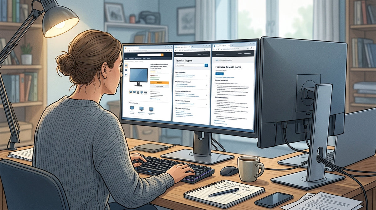 A shopper compares a monitor listing, support page, and firmware notes before buying