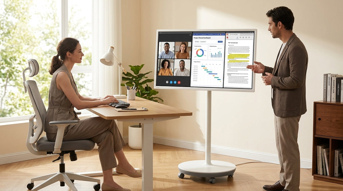 Rolling smart display used as a mobile command center for remote team collaboration in a home office.