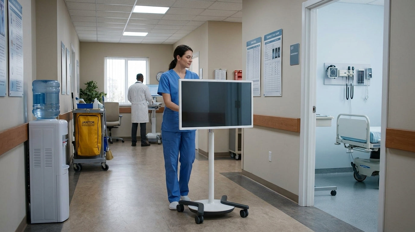 A rolling smart display in a classroom or clinic setting, shown in a neutral editorial style.
