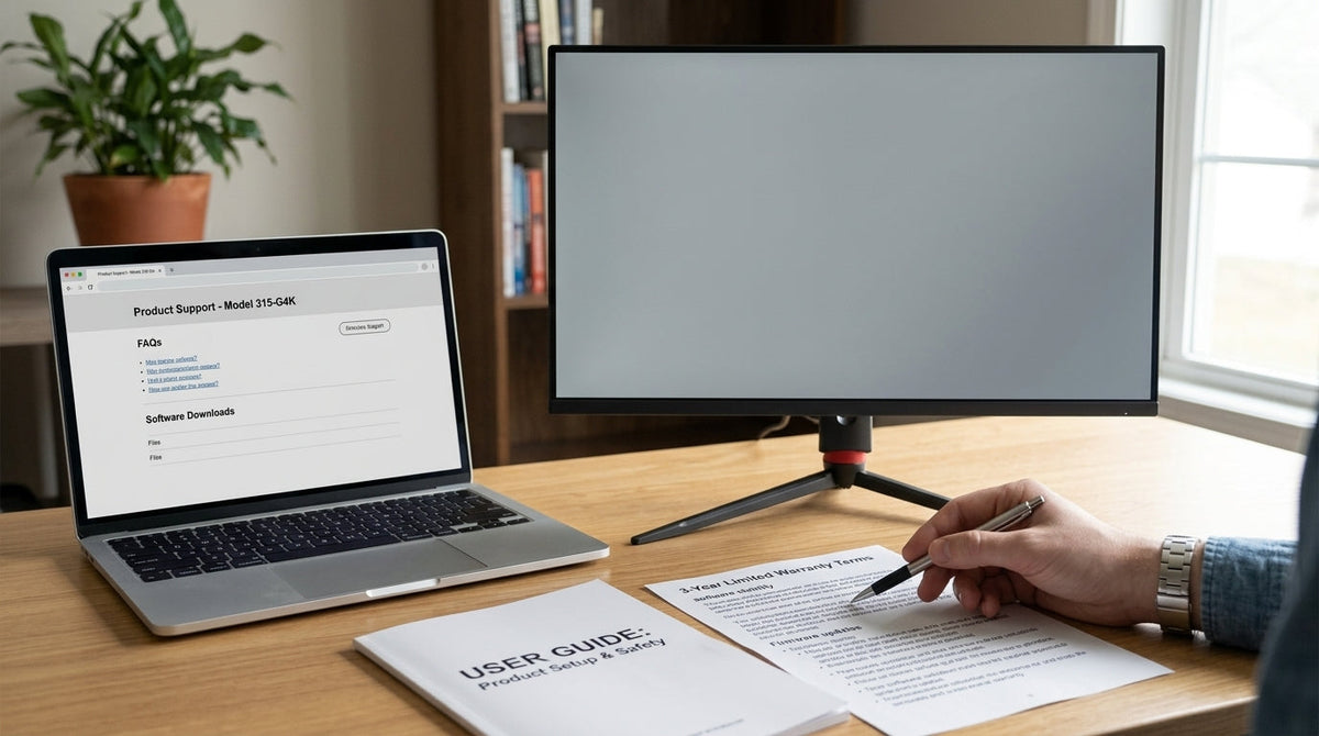 Buyer reviewing monitor firmware support pages, a manual, and warranty terms before checkout