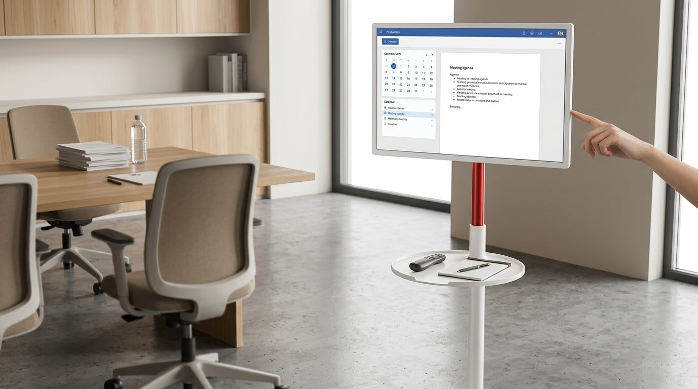 Rolling 32-inch MegPad display used in a hybrid meeting room