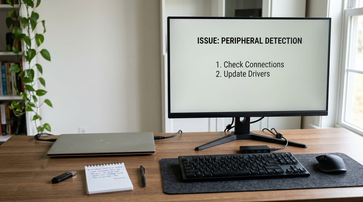 KTC monitor firmware update safety checklist on a clean desk with a monitor, USB drive, and printed notes