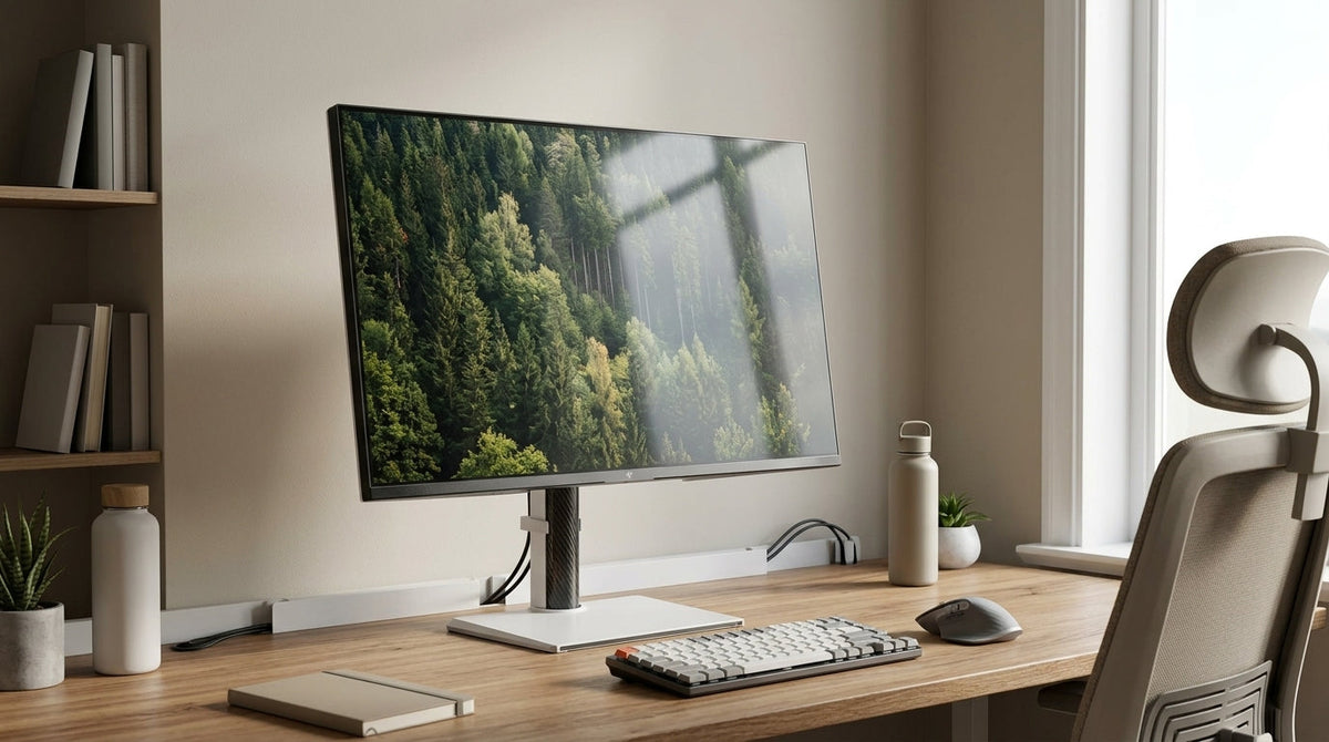 Mini-LED monitor on a bright desk with window light