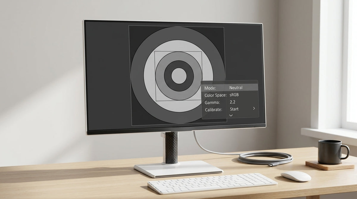 KTC monitor calibration setup on a desktop with neutral test patterns