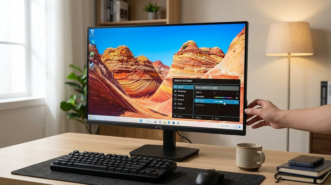 A value gaming monitor showing vivid desktop colors while the on-screen display menu is open