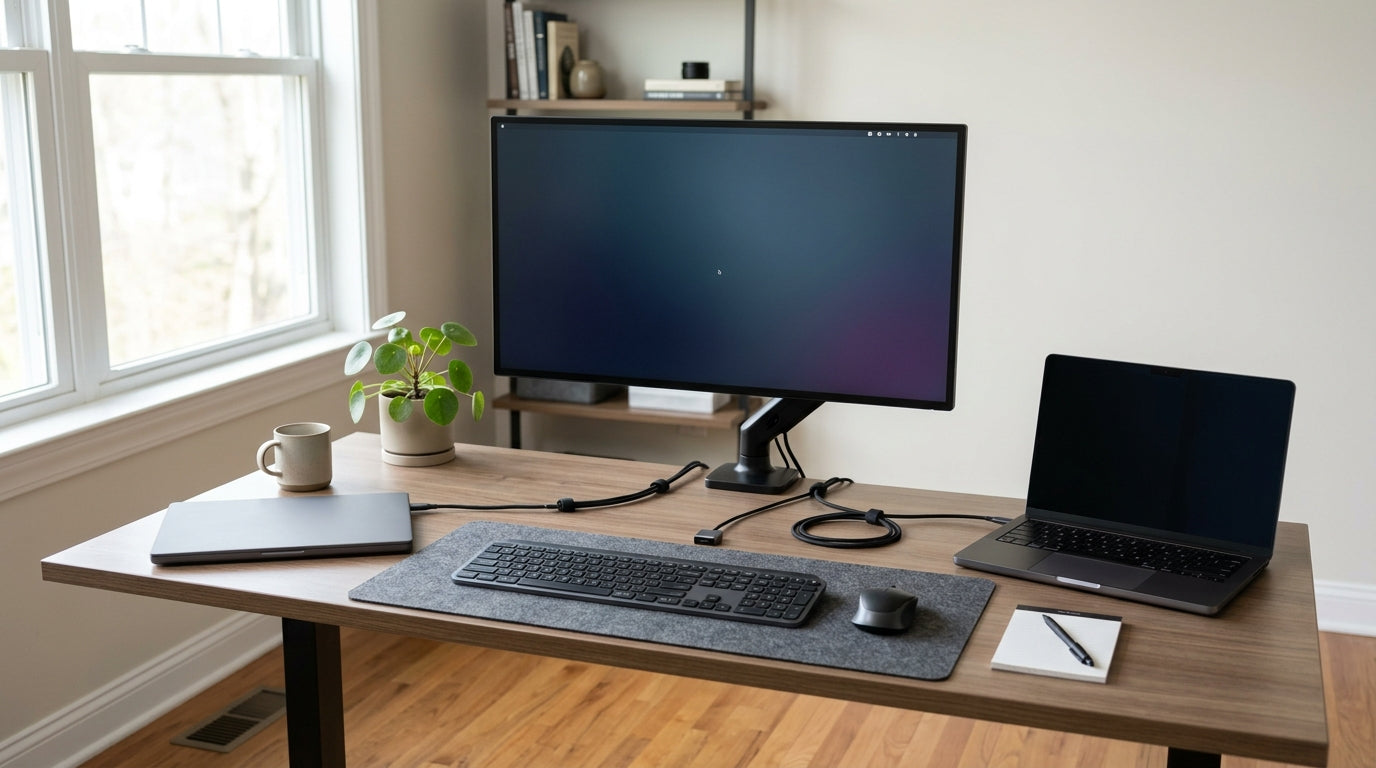 A clean desk setup showing a Mac laptop and a Windows laptop connected through a compact monitor-based KVM workspace, with one shared keyboard, mouse, and a monitor centered on the desk.