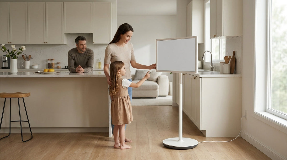 A family using a rolling smart display in a bright home room