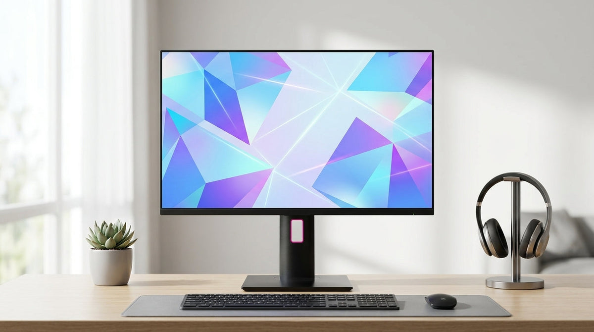 27-inch 4K gaming monitor on a clean desk with adjustable stand