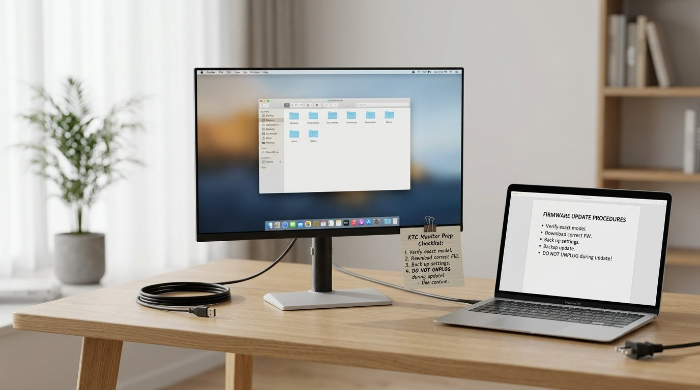 KTC gaming monitor on a desk with firmware update notes beside it