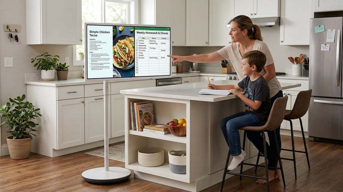 A family rolling smart display in a bright kitchen with a simple home routine on screen
