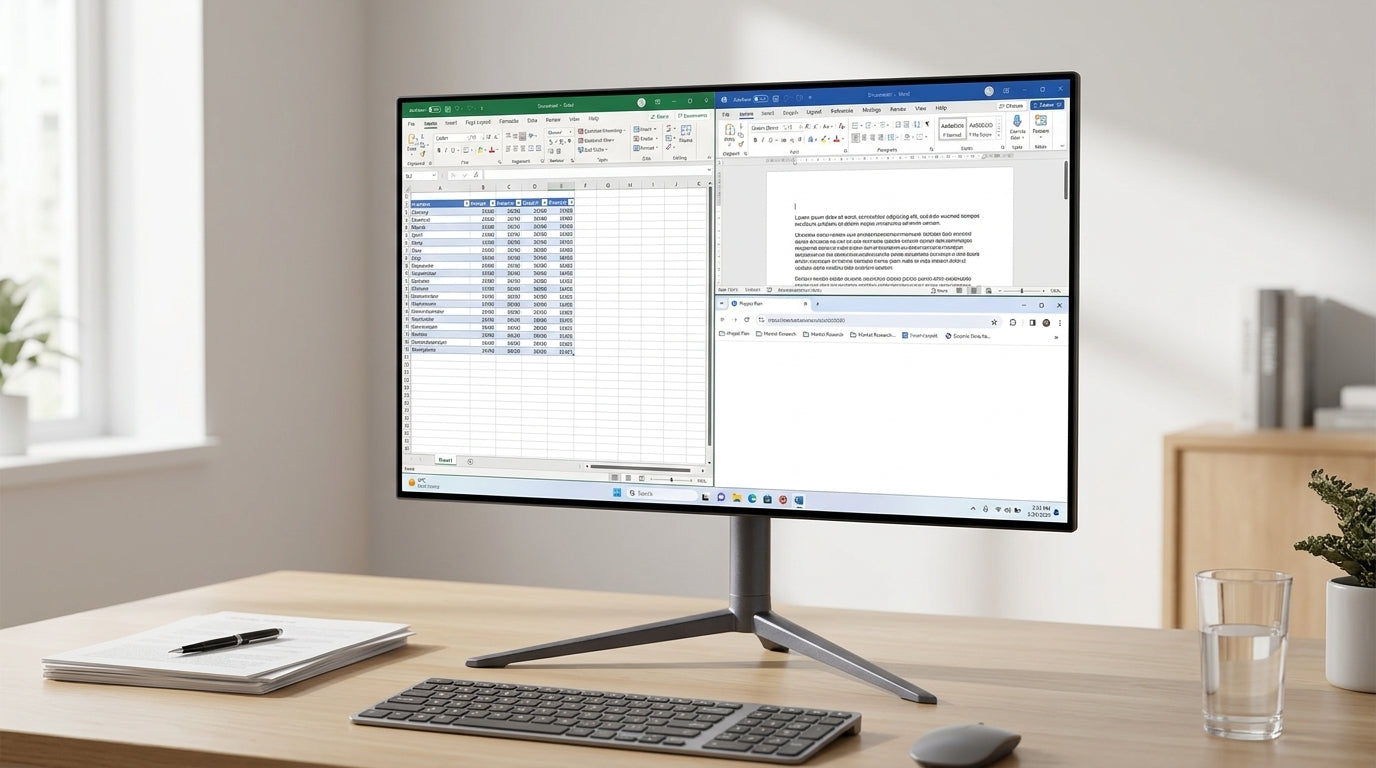A modern office desk with an OLED monitor showing text documents and spreadsheets