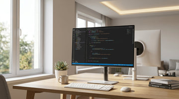 Mini-LED monitor on a bright office desk near a window