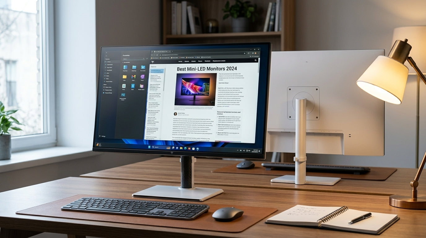 Mini-LED desktop monitor on a mixed-light desk with daylight and lamp light